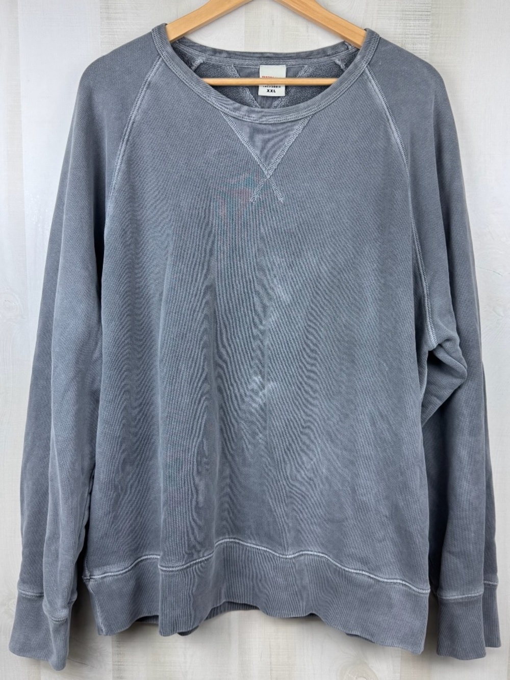 Birdwell Men’s Loopback Cotton Jersey Raglan Sweatshirt Pigment Dyed Gray XXL